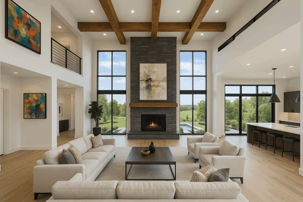 Luxury great room with timber beams, stone fireplace, and expansive windows — Custom Home Builders in Sylvan Lake