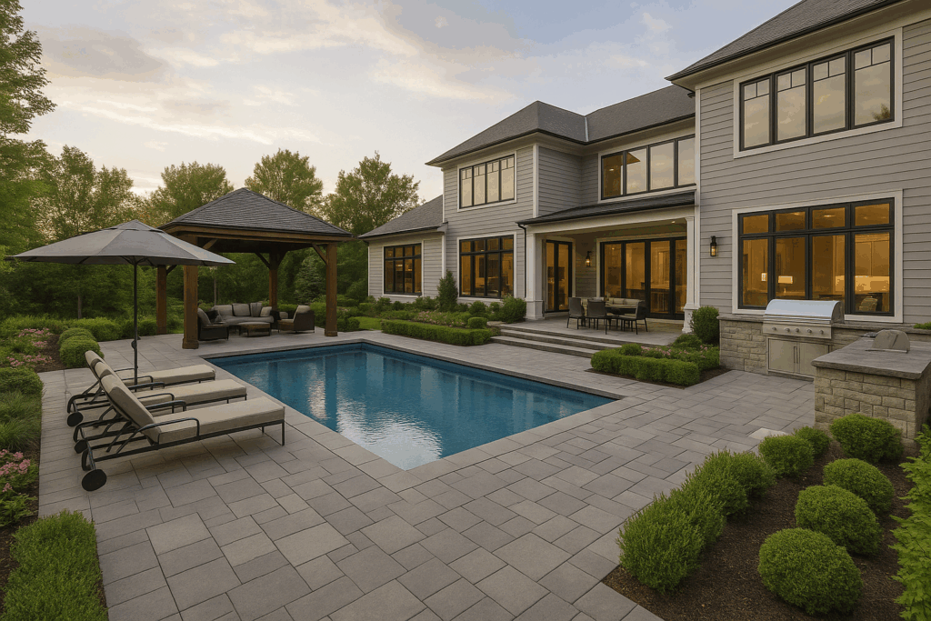 Luxury backyard with pool, pavilion, and outdoor living — Custom Home Builders in Sylvan Lake