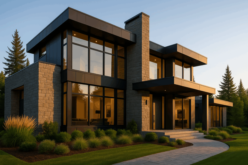 ConstructionX modern luxury home at sunset — Custom Home Builders in Okotoks with stone and glass design
