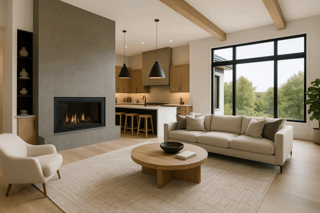 ConstructionX modern living room interior — Custom Home Builders in Okotoks with fireplace and open-concept design