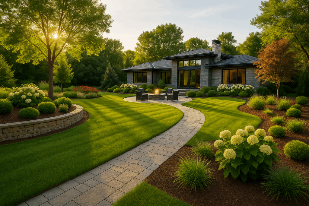 ConstructionX landscaped backyard — Custom Home Builders in Okotoks with fire pit and outdoor living space