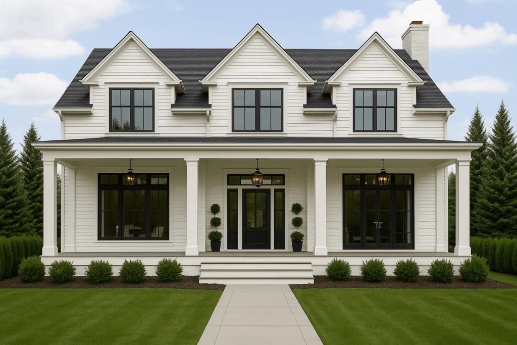 Classic white custom home exterior with front porch — Custom Home Builders in Sylvan Lake