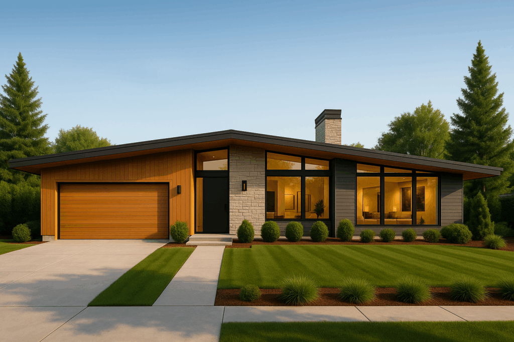 ConstructionX modern mid-century home — Custom Home Builders in Okotoks with sleek rooflines and large windows