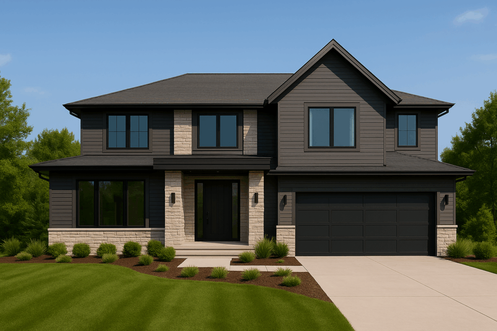 ConstructionX modern two-story home — Custom Home Builders in Okotoks with stone and dark siding exterior