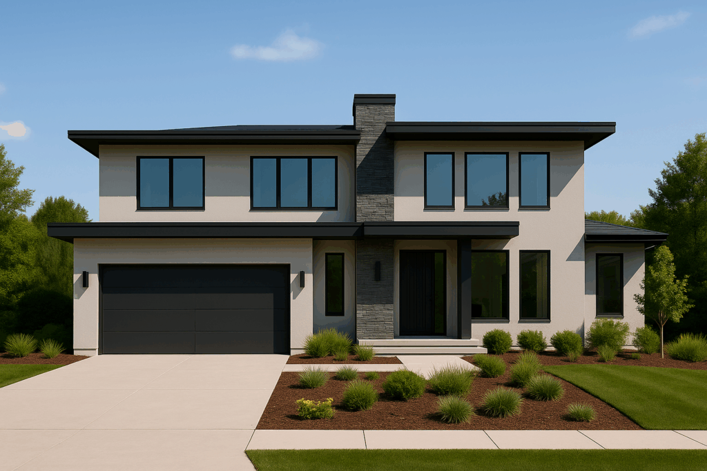 ConstructionX contemporary custom home — Custom Home Builders in Okotoks with sleek stucco and stone design