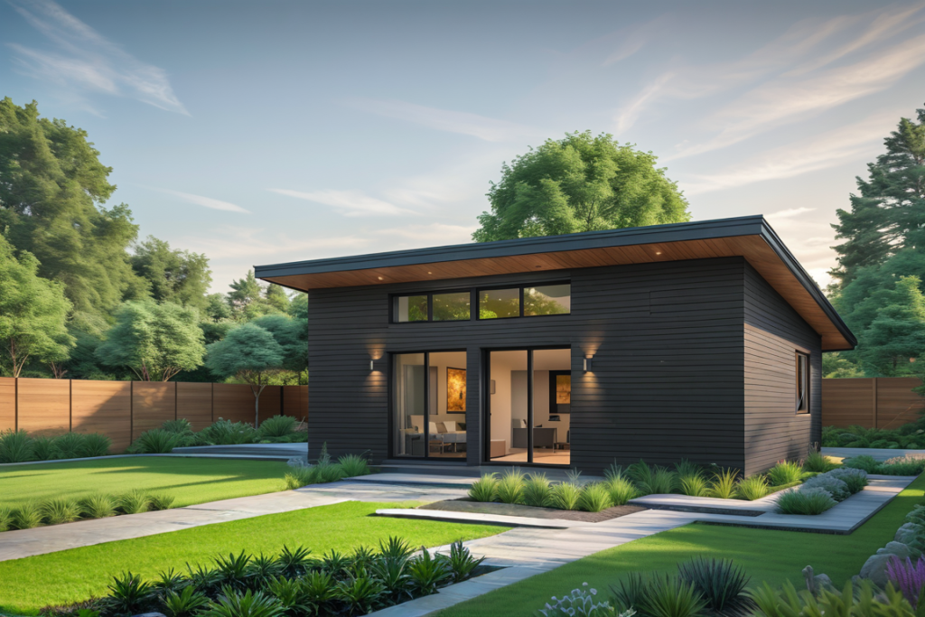 ConstructionX modern one-bedroom ADU (bunkhouse) with a separate bedroom and open-concept kitchen–living room in a landscaped backyard — Peterborough — custom home builders in Ontario & Alberta