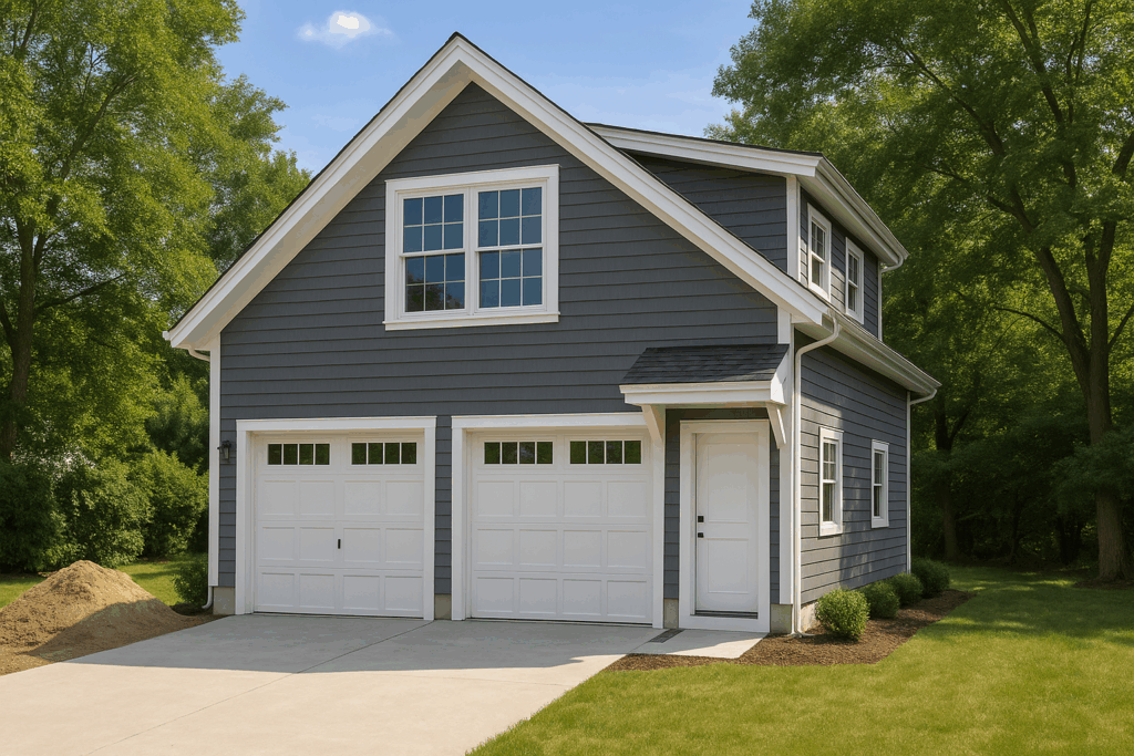 Two-car garage with grey clapboard siding, white carriage-style doors, side entry door, and gabled dormer window for an upper loft—ConstructionX, custom home builders in Ontario.